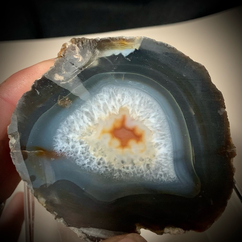 💗Banded Agate Geode Slice w/ Plume Center – Natural Polished Face